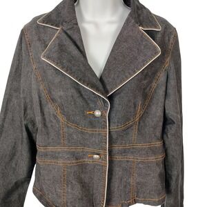 Devine Denim NY‎ Womens Dark Wash Contrast Stitch Denim Blazer Jacket Size 6